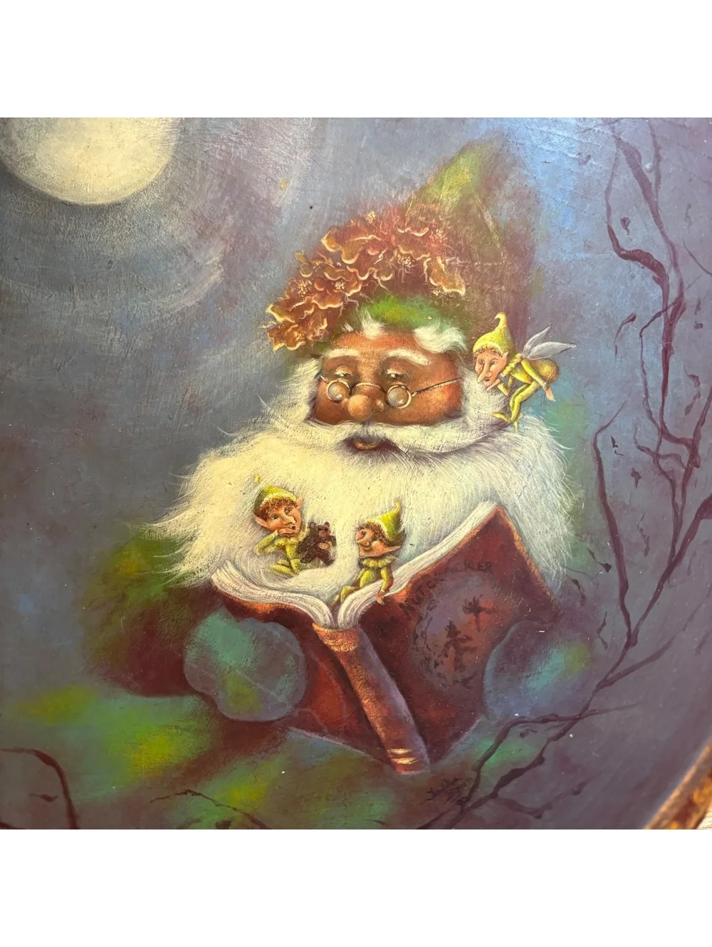 Santa Folk Art Wood Tray Hand Painted Wall Decor Christmas Elves Holiday